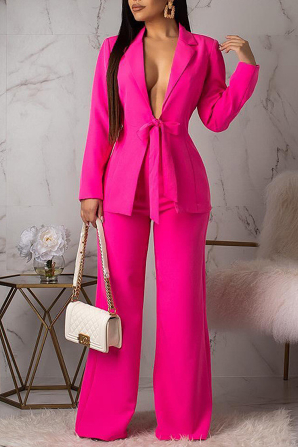 

Lovely Casual Deep V Neck Rose Red Two-piece Pants Set