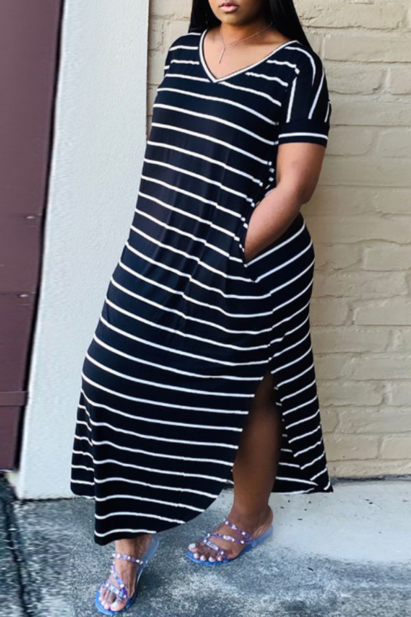 

Lovely Casual V Neck Striped Black Ankle Length Dress, Black stripe