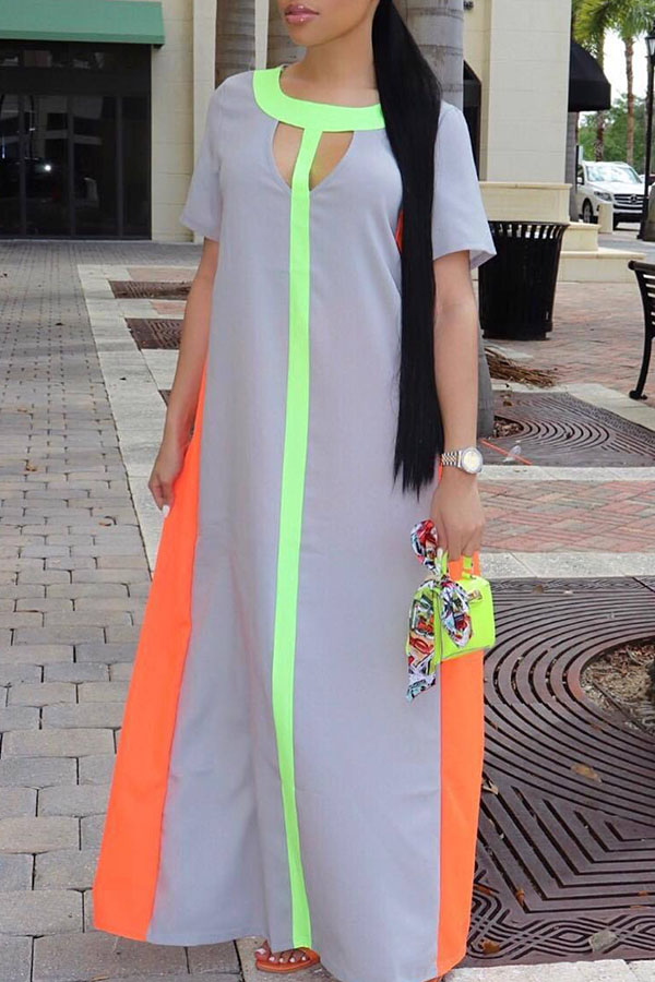 

Lovely Casual Patchwork Grey Ankle Length Dress