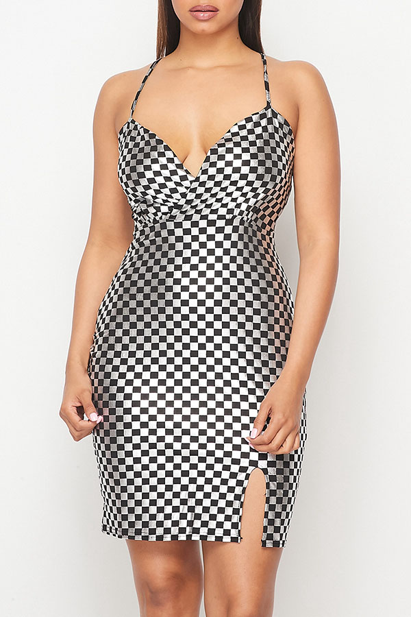 

Lovely Casual Grid Print Black And White Mini Dress, Black & white tartan