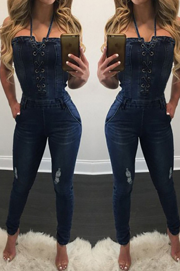 Lovely Sexy Bandage Design Deep Blue One-piece Jumpsuit