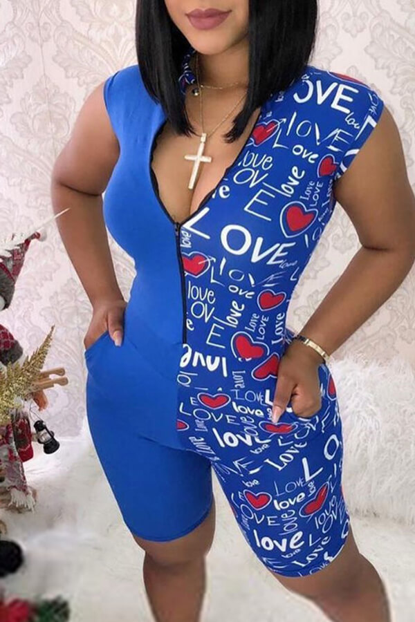 

Lovely Casual Patchwork Blue One-piece Romper