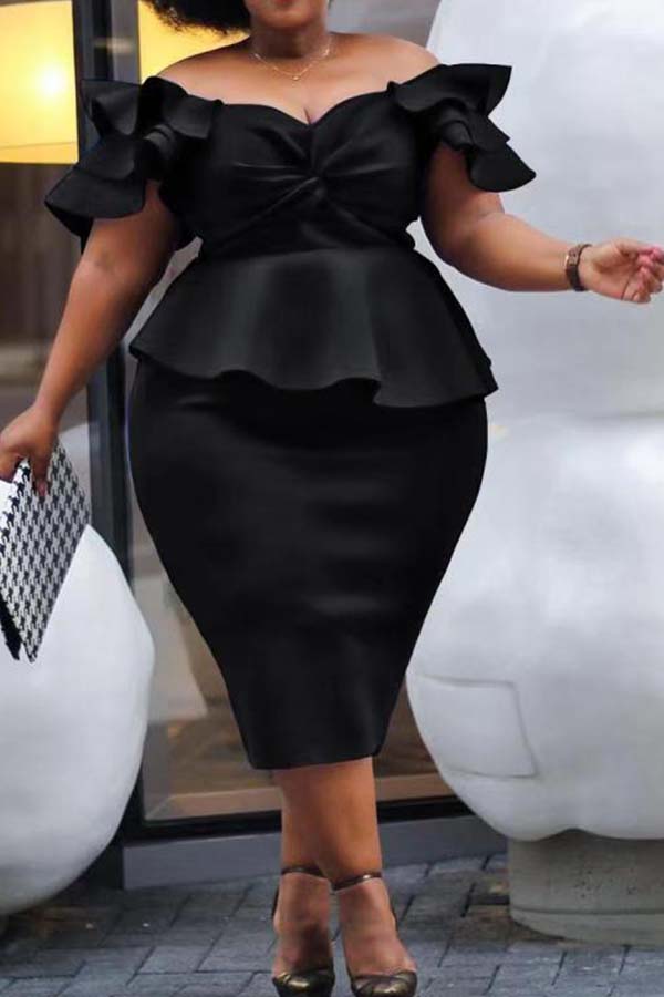 

Lovely Trendy Flounce Design Black Knee Length Plus Size Dress