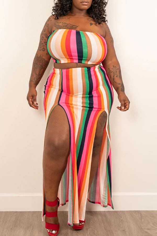 

Lovely Casual Striped Red Plus Size Two-piece Skirt Set