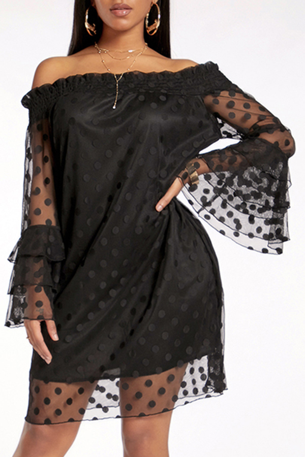 

Lovely Stylish Off The Shoulder Horn Sleeve Black Knee Length Dress
