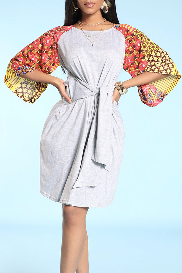 

Lovely Casual Patchwork Grey Knee Length Dress