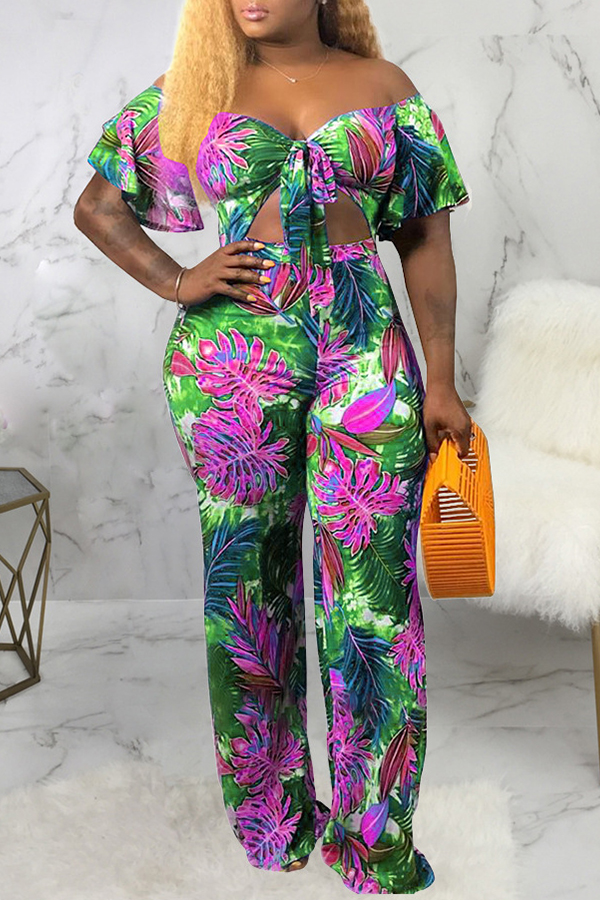 

Lovely Bohemian Plants Print Green Two-piece Pants Set