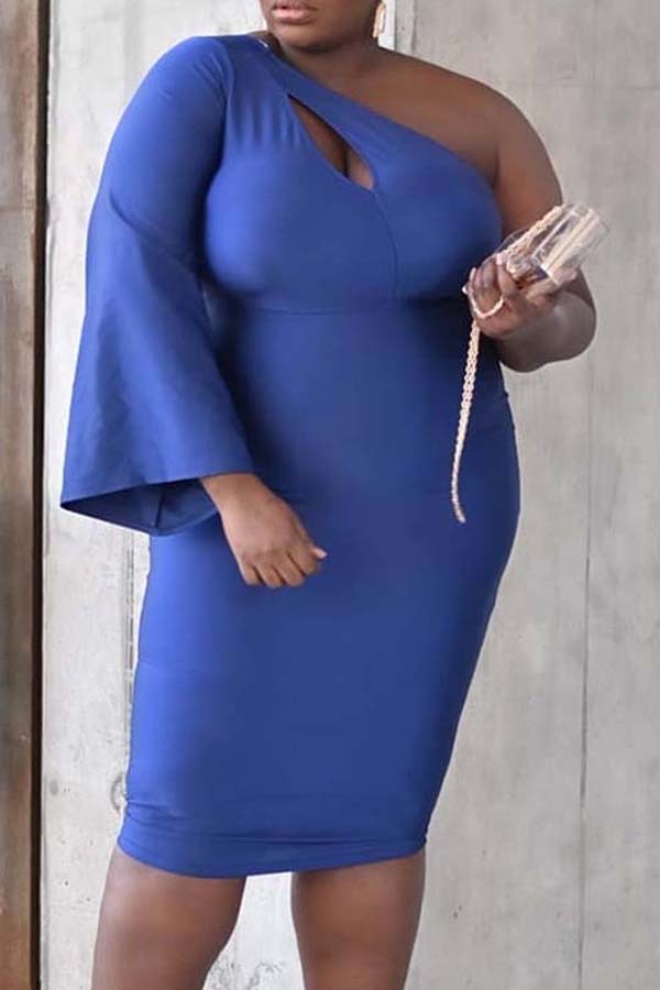 

Lovely Casual One Shoulder Blue Knee Length Plus Size Dress
