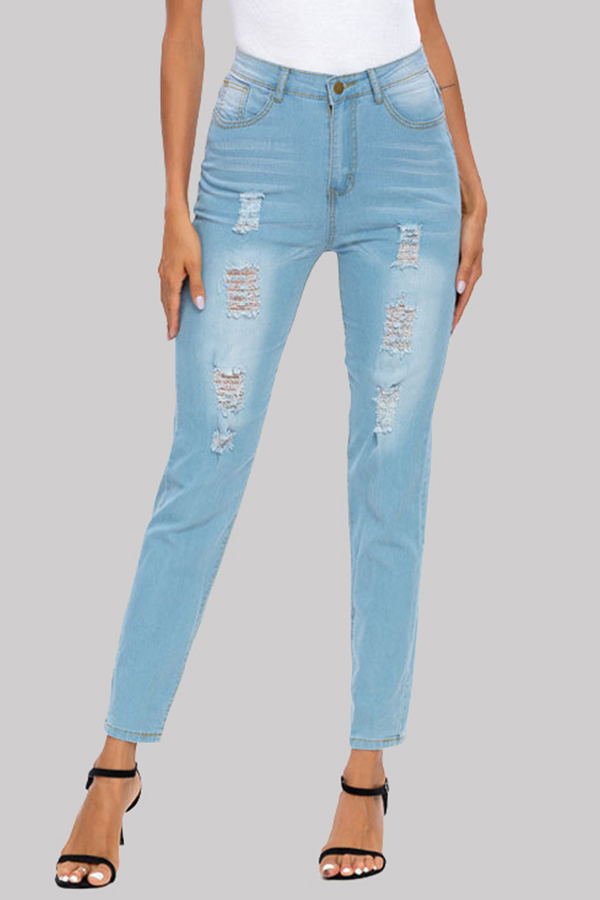 

Lovely Stylish Broken Holes Baby Blue Jeans