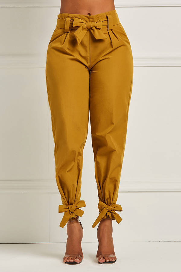

Lovely Casual Lace-up Yellow Pants
