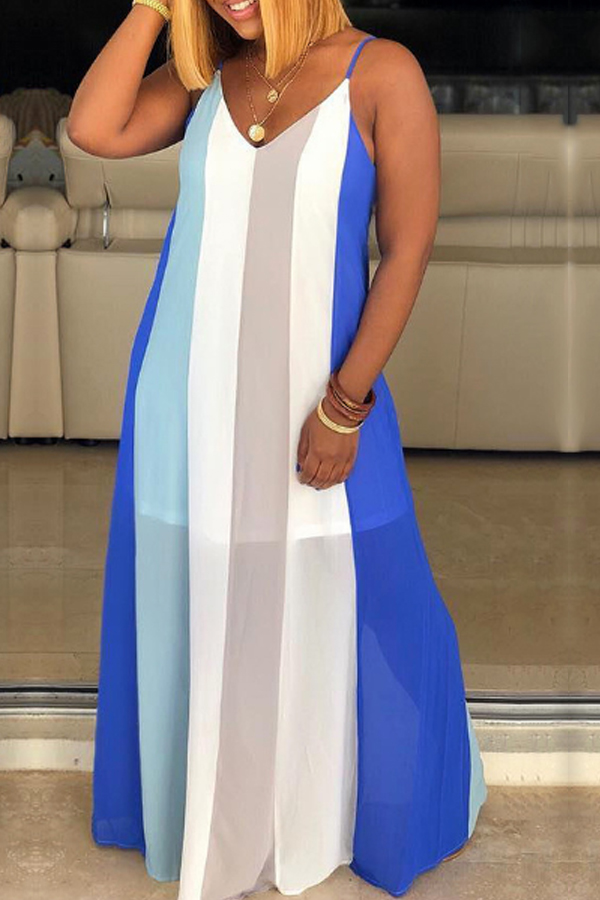 

Lovely Bohemian V Neck Striped Blue Ankle Length Dress, Blue stripe