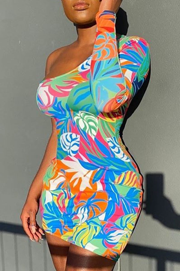 

Lovely Casual One Shoulder Print Multicolor Mini Dress, Multi