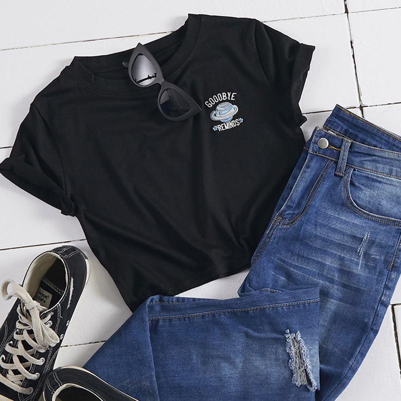 

Lovely Casual O Neck Embroidered Black T-shirt
