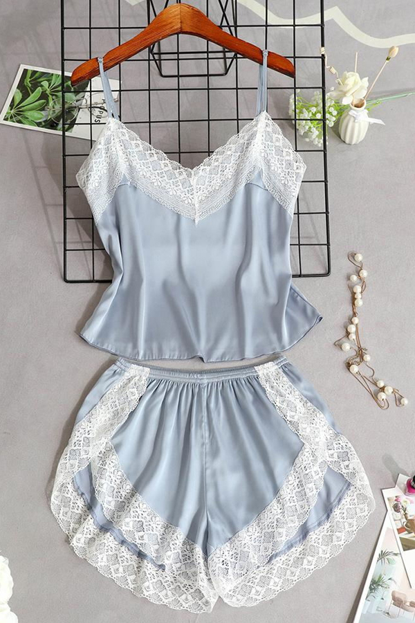 

Lovely Sexy Lace Patchwork Skyblue Sleepwear