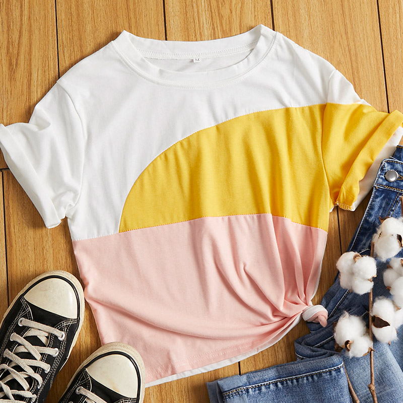 

Lovely Leisure O Neck Patchwork Multicolor T-shirt, Multi