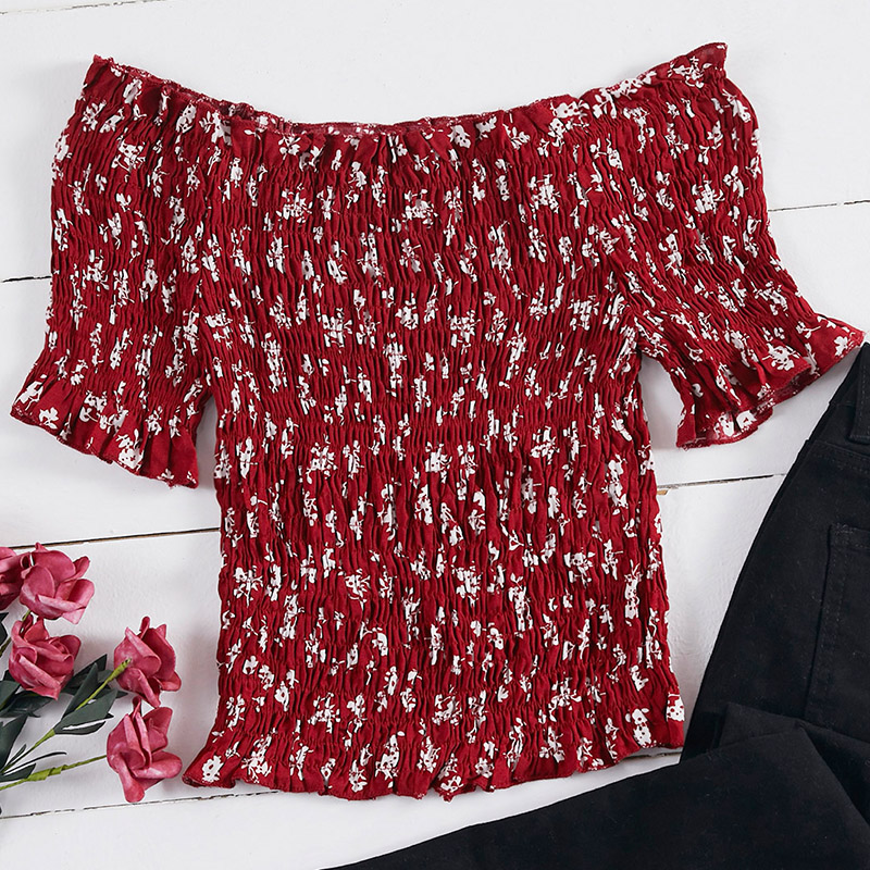 

Lovely Sweet Floral Print Red Blouse