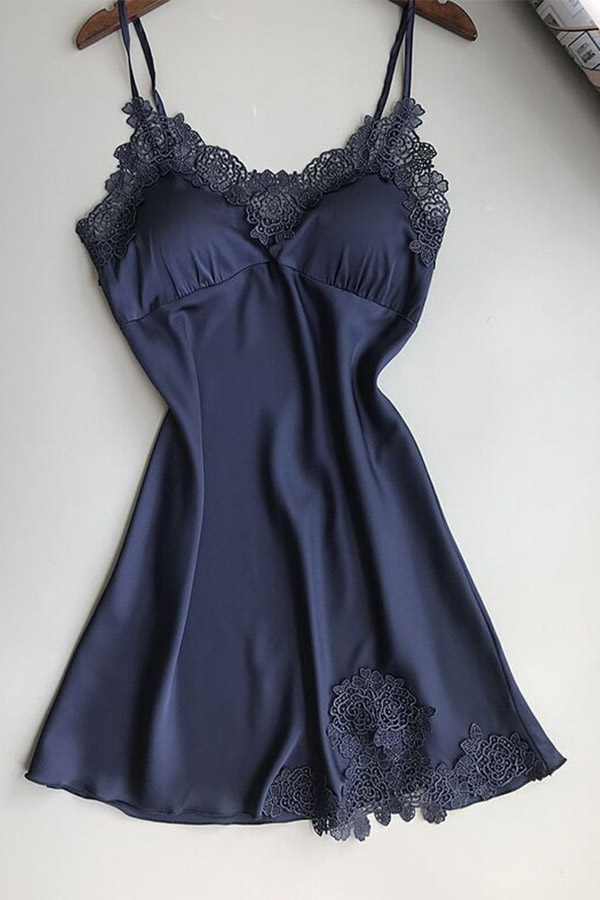 

Lovely Sexy Lace Patchwork Deep Blue Babydolls
