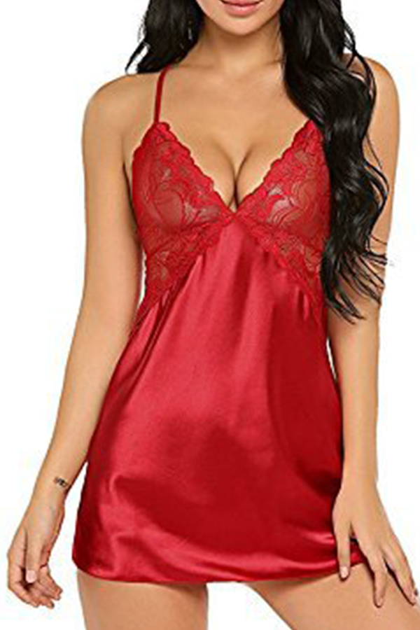 

Lovely Sexy Lace Patchwork Red Babydolls