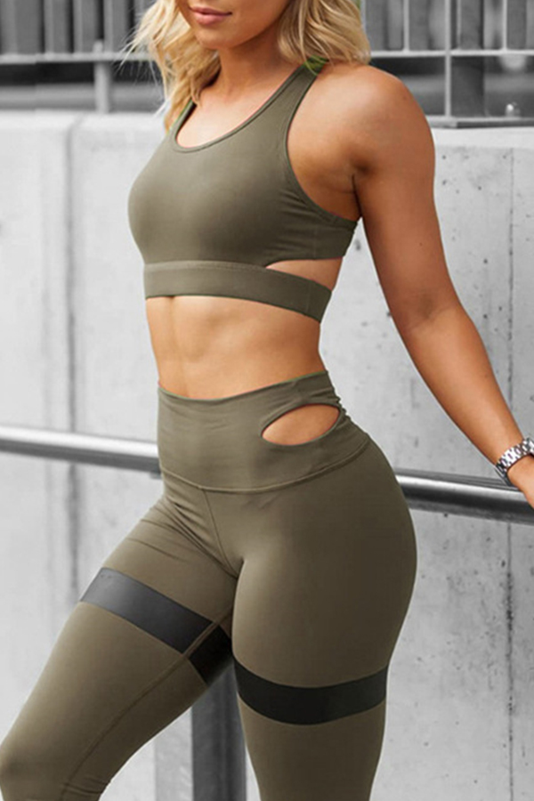 

Lovely Sportswear Hollow-out Army Green Two-piece Pants Set