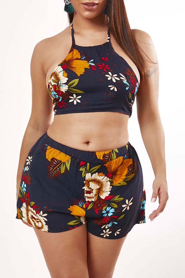 

Lovely Trendy Floral Print Dark Blue Two-piece Shorts Set