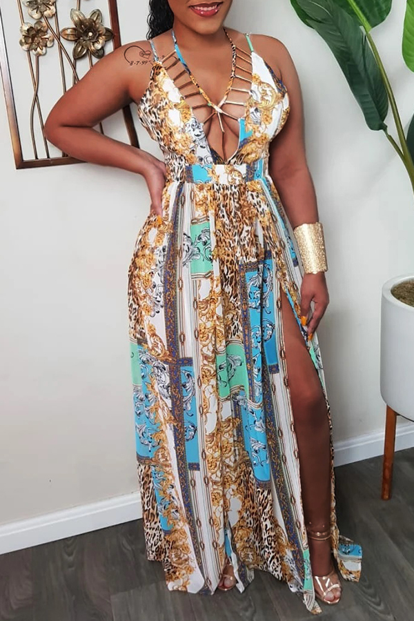 

Lovely Bohemian V Neck Print White Maxi Dress