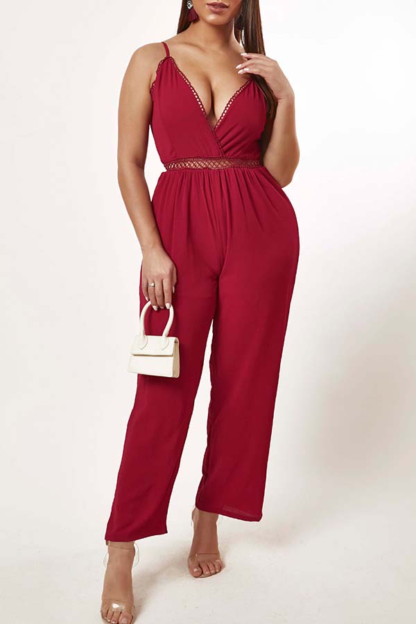 

Lovely Stylish Deep V Neck Red One-piece Jumpsuit