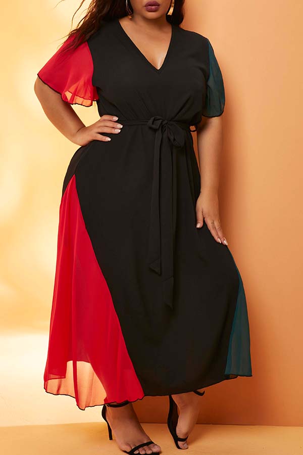 

Lovely Casual Patchwork Red Ankle Length Plus Size Dress