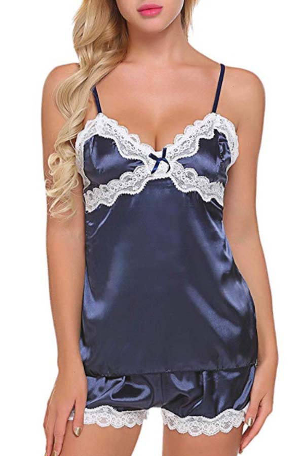 

Lovely Casual Lace Patchwork Deep Blue Sleepwear