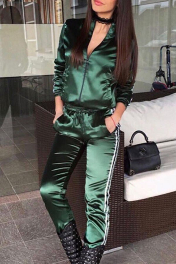 

Lovely Leisure Zipper Design Green Loungewear