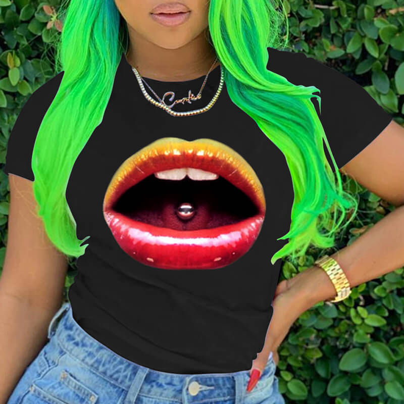 

Lovely Casual O Neck Lip Print Black T-shirt