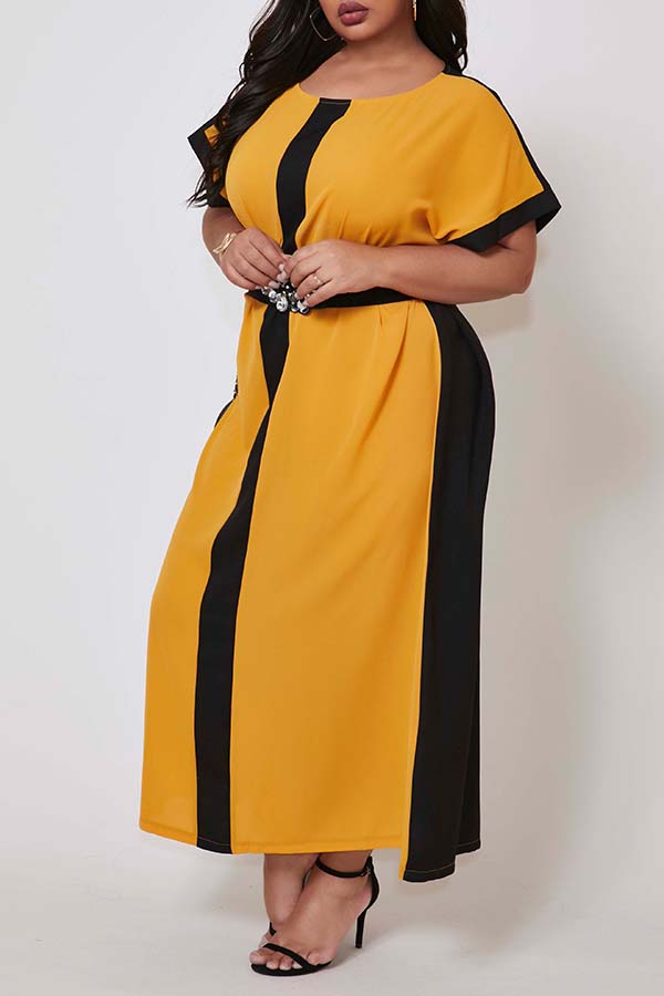 

Lovely Casual Patchwork Yellow Ankle Length Plus Size Dress