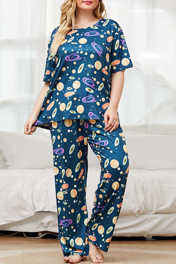 

Lovely Casual Print Blue Plus Size Two-piece Pants Set