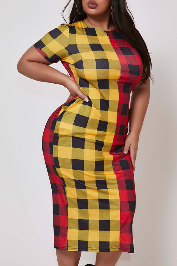 

Lovely Stylish Grid Red Mid Calf Plus Size Dress