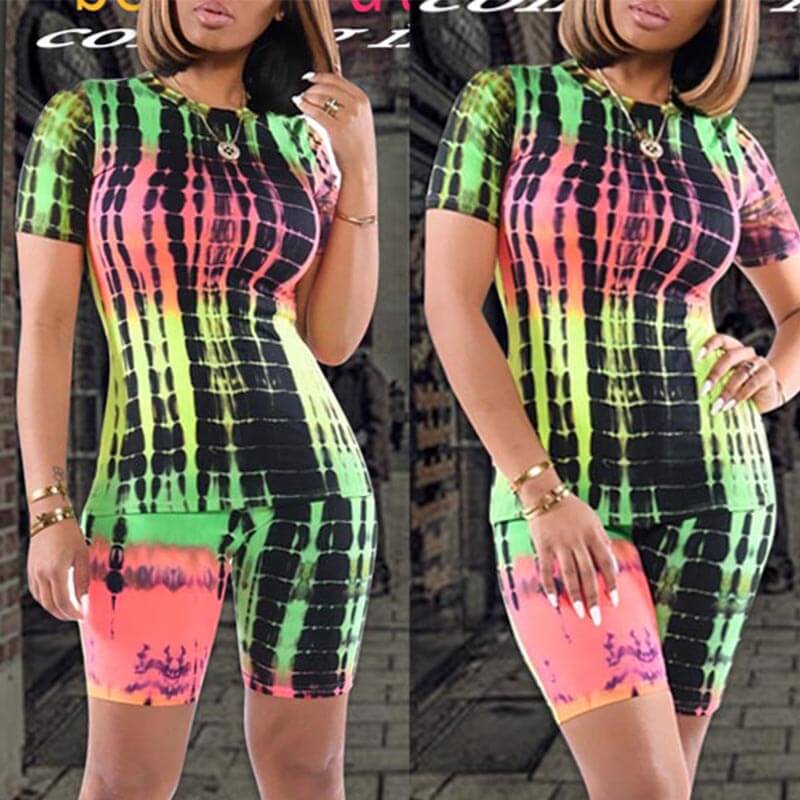 

LW Casual Striped Print Green Two-piece Shorts Set, Green stripes