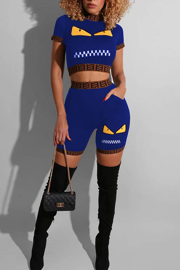 

Lovely Casual Print Blue Two-piece Shorts Set