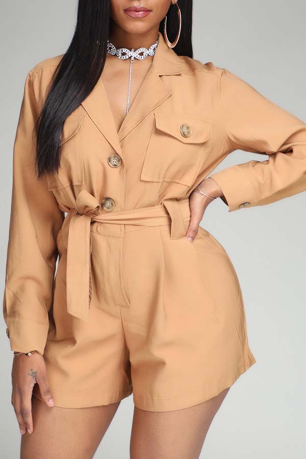 

Lovely Trendy Buttons Design Brown One-piece Romper