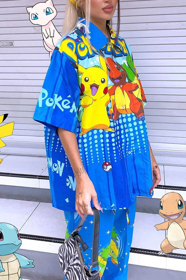 

Lovely Leisure Cartoon Print Blue Two-piece Pants Set