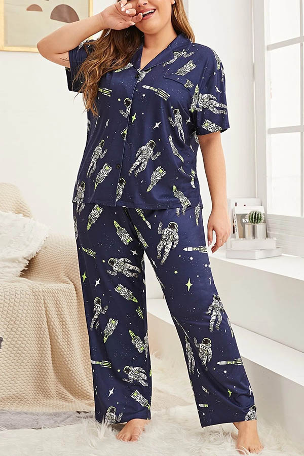 

Lovely Casual Print Blue Plus Size Two-piece Pants Set