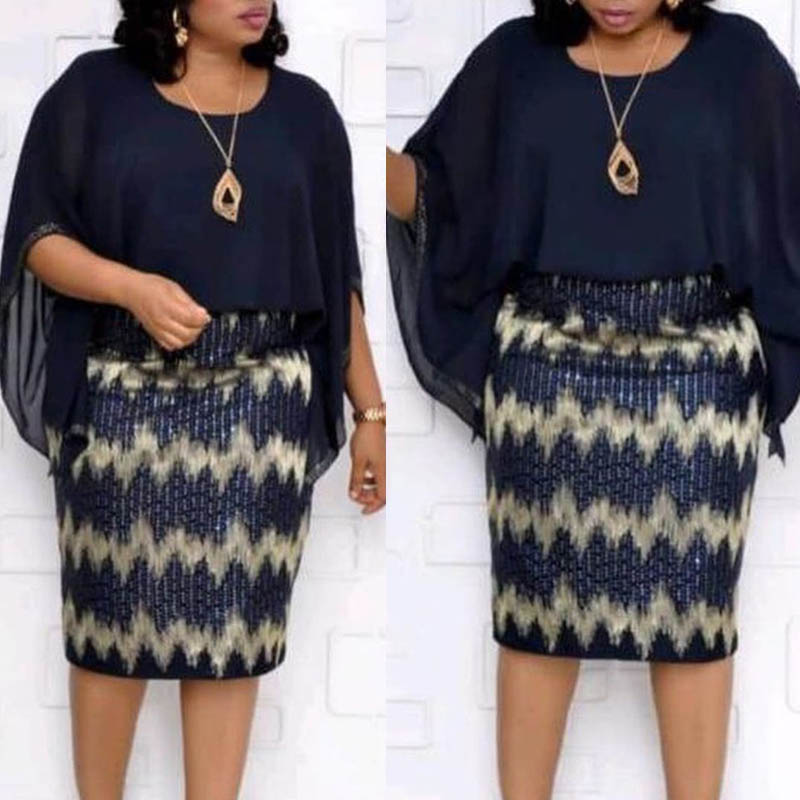 

Lovely Casual Patchwork Dark Blue Knee Length Plus Size Dress
