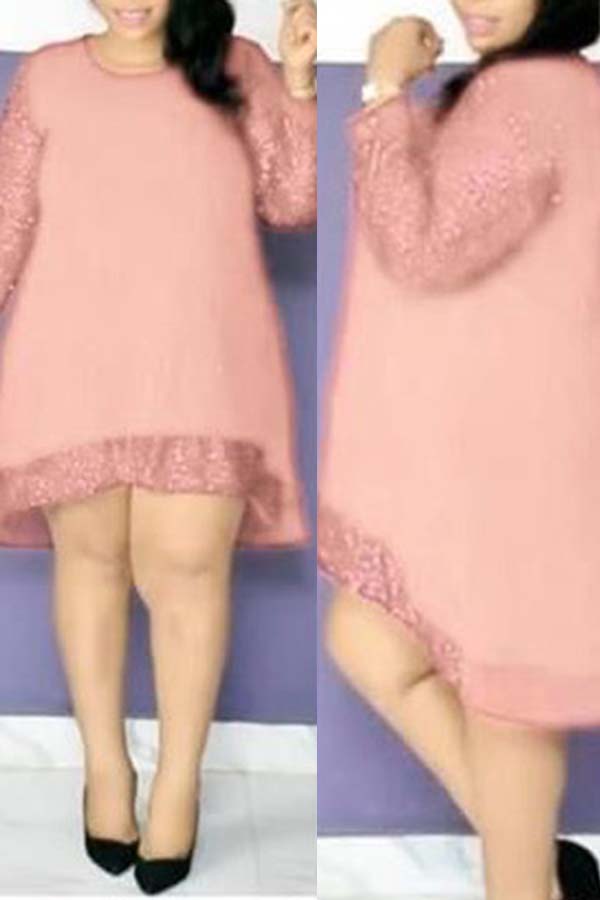 

Lovely Casual Patchwork Pink Knee Length Plus Size Dress