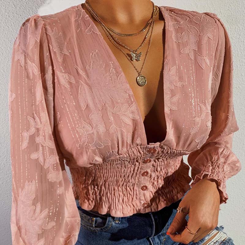 

Lovely Trendy Deep V Neck Print Pink Blouse