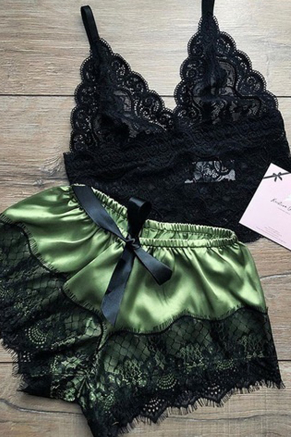 

Lovely Sexy Lace Hem Grass Green Sleepwear