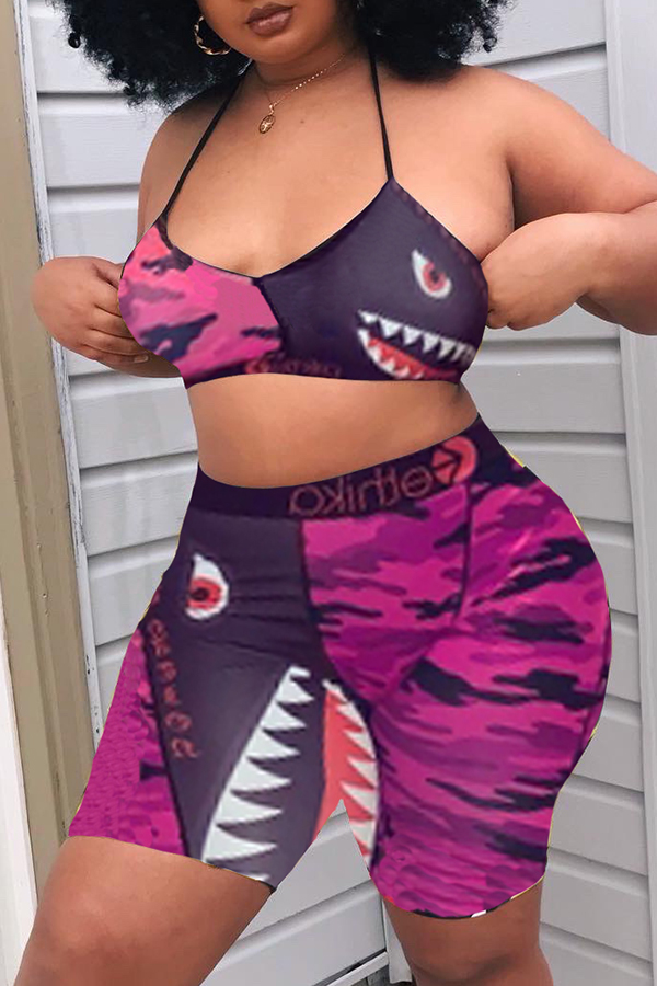 

Lovely Sexy Printed Pink Two-piece Shorts Set