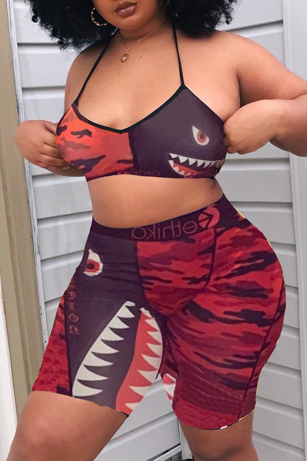 Lovely Sexy Printed Red Two-piece Shorts Set