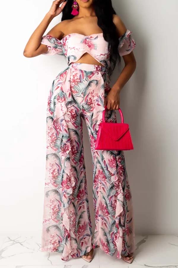 

Lovely Sweet Dew Shoulder Print White One-piece Jumpsuit