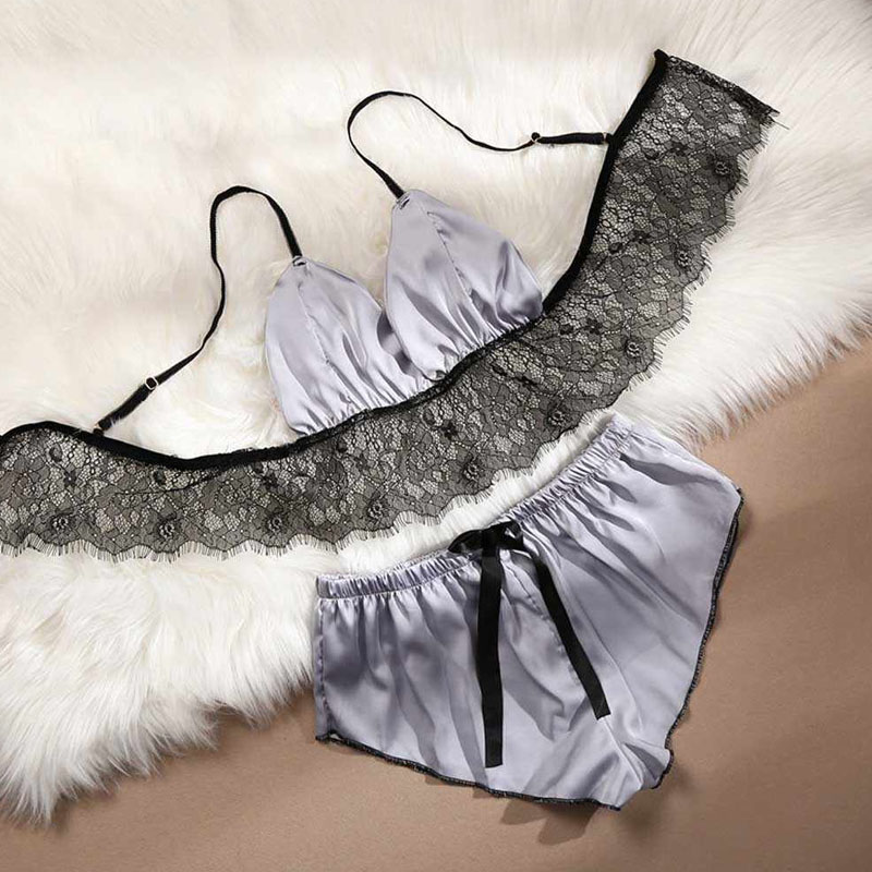 

Lovely Sexy Lace Hem Grey Sleepwear
