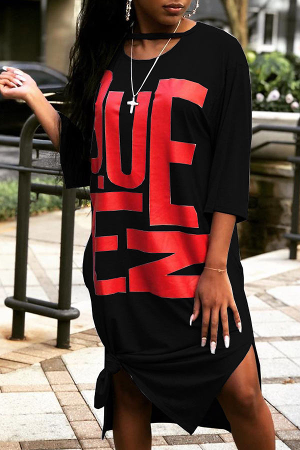 

Lovely Casual Letter Print Black Knee Length T-shirt Dress