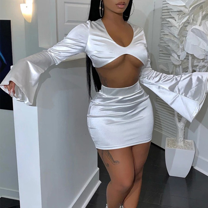 

Lovely Sexy Deep V Neck White Two-piece Skirt Set