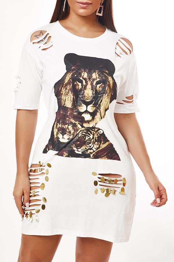 

Lovely Leisure Print Hollow-out White Mini Dress