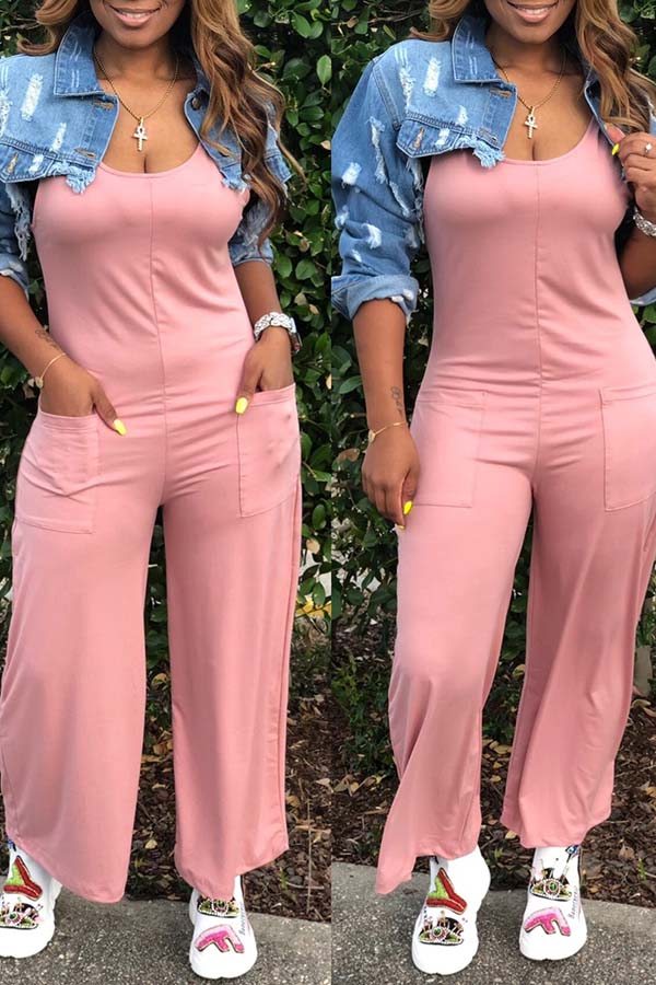 

Lovely Casual Pocket Patched Pink One-piece Jumpsuit